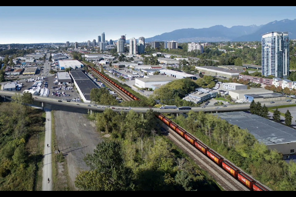 A rendering of the Holdom overpass, which will connect Holdom Avenue to Douglas Road over the CN railroad.